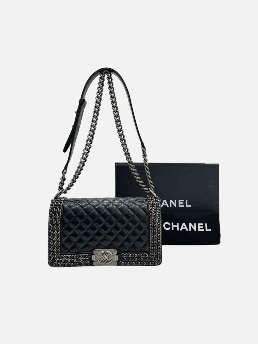 Pre - loved CHANEL Chain Boy Black Shoulder Bag at Reems Closet