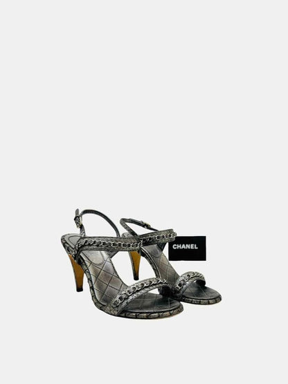 Pre - loved CHANEL Chain Link Silver Heeled Sandals at Reems Closet