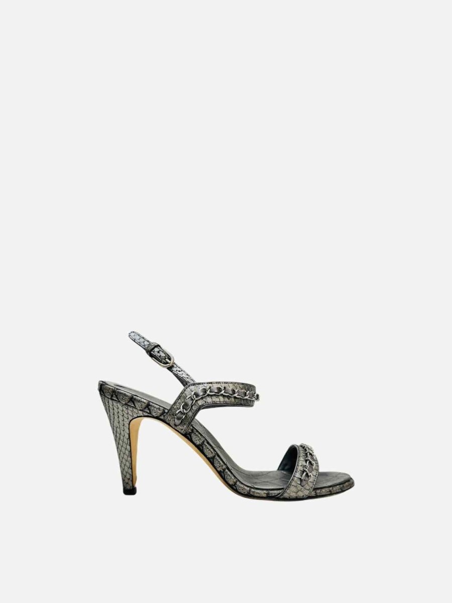 Pre - loved CHANEL Chain Link Silver Heeled Sandals at Reems Closet