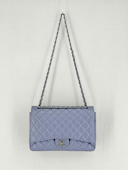 Pre - loved CHANEL Classic Double Flap Grey Quilted Shoulder Bag at Reems Closet