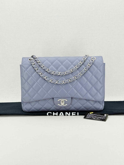 Pre - loved CHANEL Classic Double Flap Grey Quilted Shoulder Bag at Reems Closet