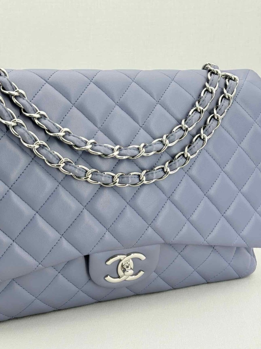 Pre - loved CHANEL Classic Double Flap Grey Quilted Shoulder Bag at Reems Closet
