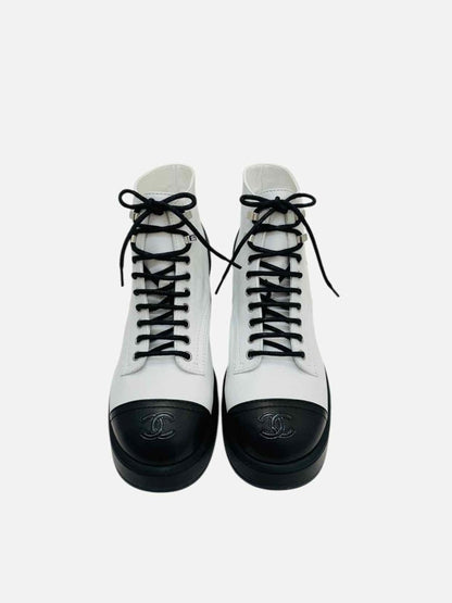 Pre - loved CHANEL Combat White w/ Black CC Ankle Boots 39.5 at Reems Closet