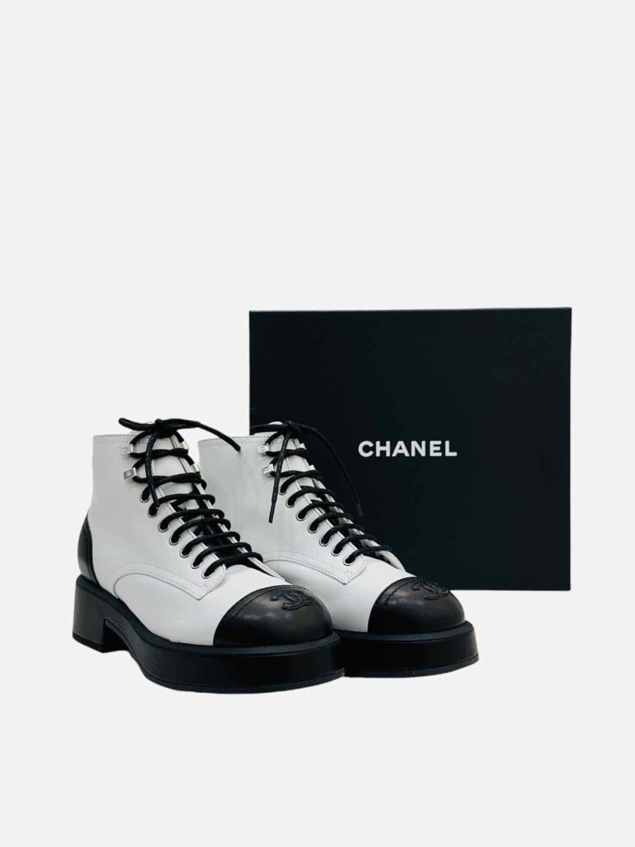 Pre - loved CHANEL Combat White w/ Black CC Ankle Boots 39.5 at Reems Closet