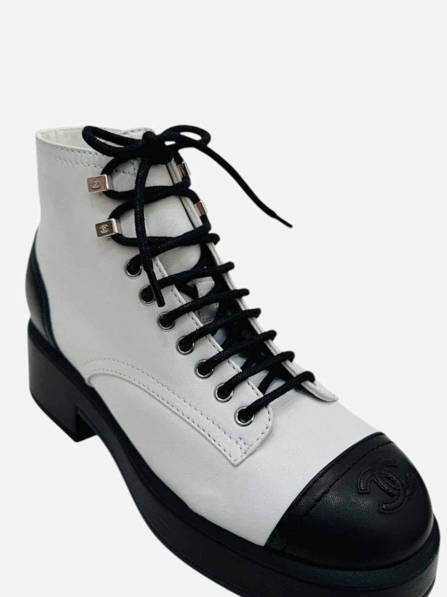 Pre - loved CHANEL Combat White w/ Black CC Ankle Boots 39.5 at Reems Closet