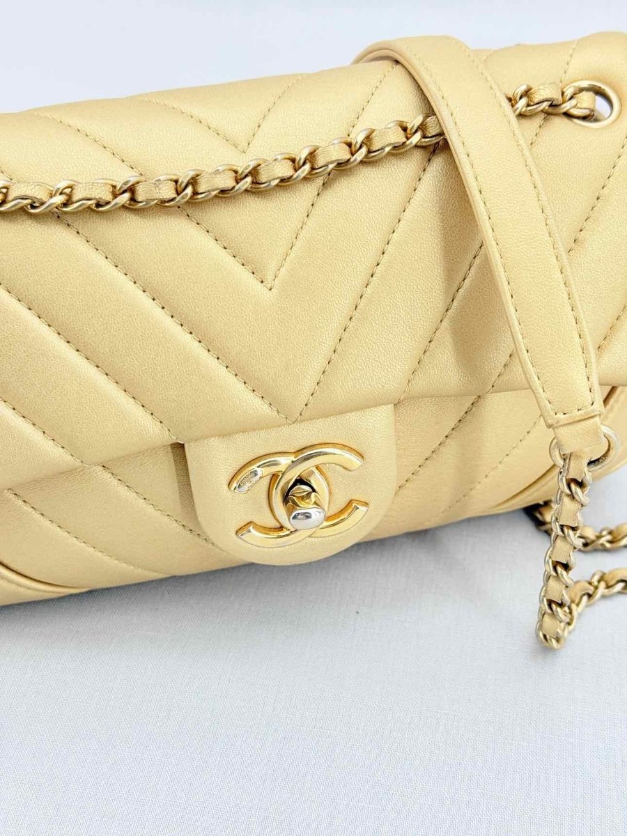 Pre - loved CHANEL Easy Flap Gold Chevron Shoulder Bag at Reems Closet