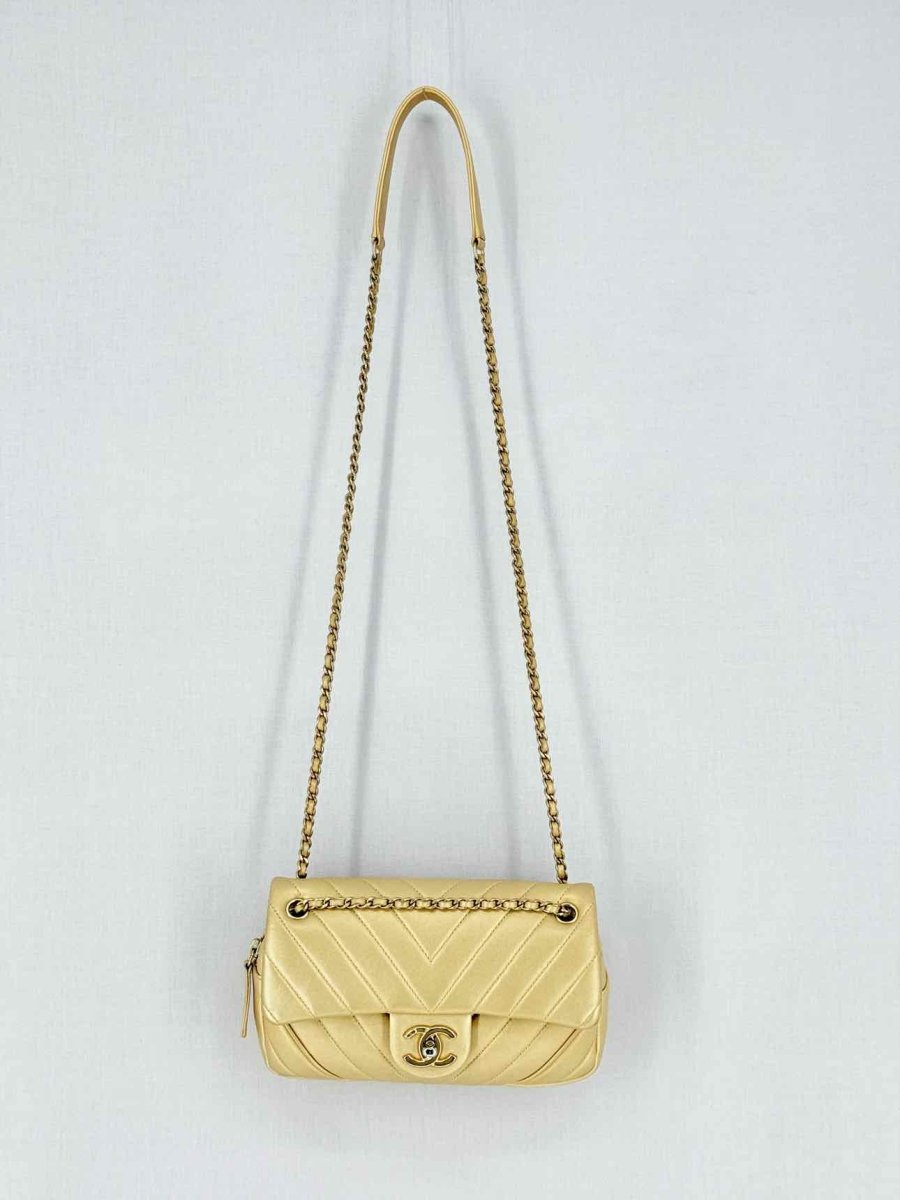 Pre - loved CHANEL Easy Flap Gold Chevron Shoulder Bag at Reems Closet