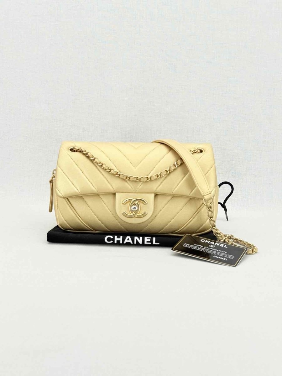Pre - loved CHANEL Easy Flap Gold Chevron Shoulder Bag at Reems Closet