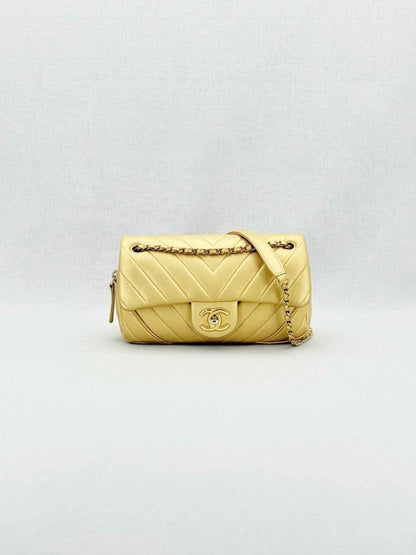 Pre - loved CHANEL Easy Flap Gold Chevron Shoulder Bag at Reems Closet