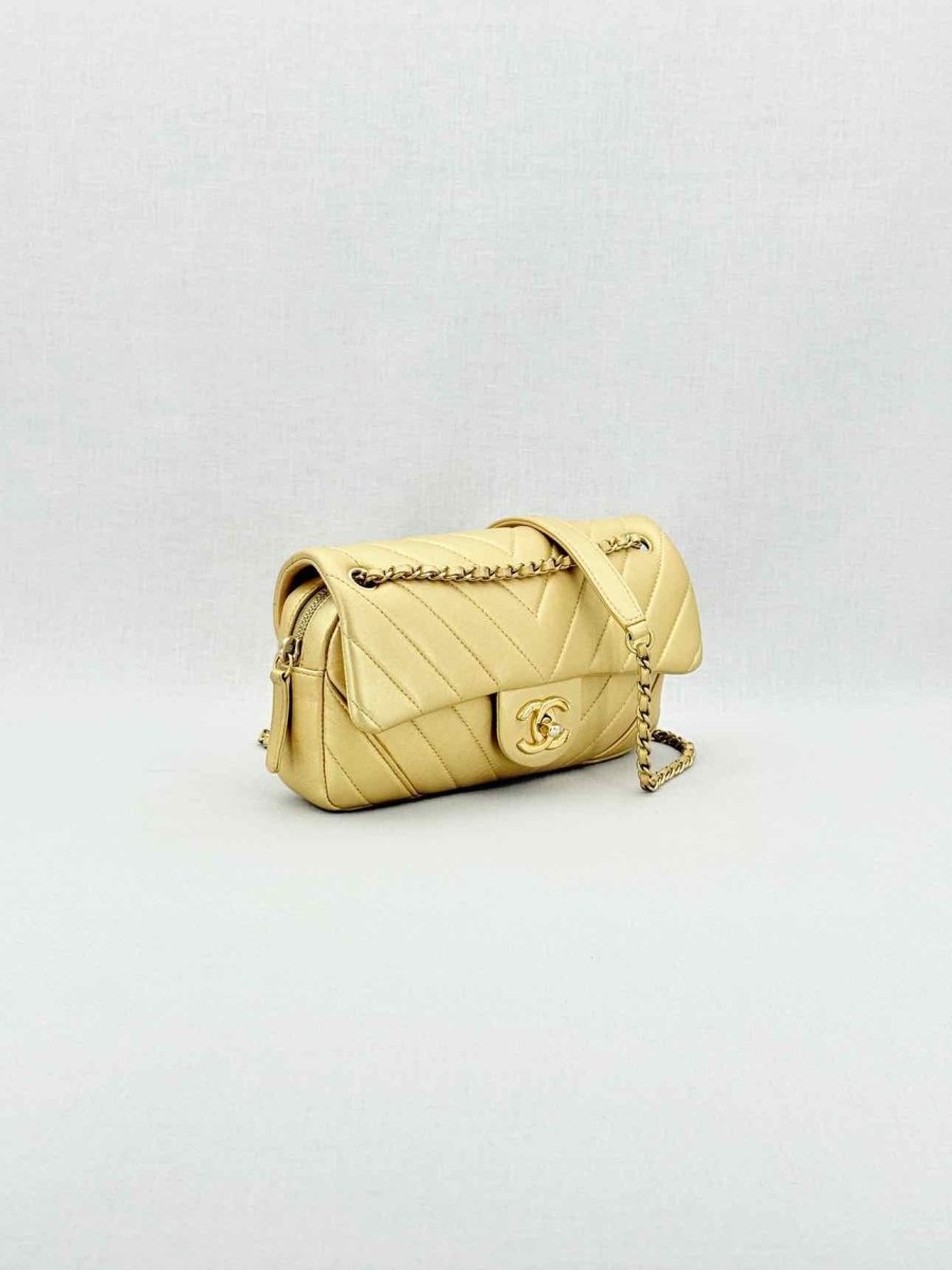 Pre - loved CHANEL Easy Flap Gold Chevron Shoulder Bag at Reems Closet