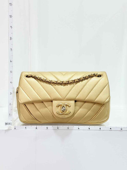 Pre - loved CHANEL Easy Flap Gold Chevron Shoulder Bag at Reems Closet