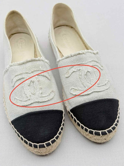 Pre-loved CHANEL Espadrille Beige & Black CC Size EU 37 Flats at Reems Closet