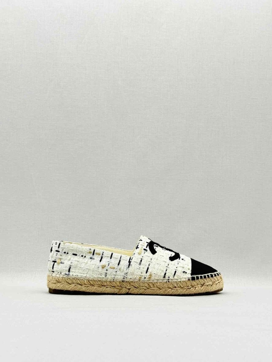 Pre - loved CHANEL Espadrille Beige & Black Tweed Size EU 39 Flats at Reems Closet