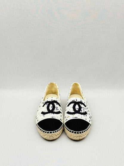 Pre - loved CHANEL Espadrille Beige & Black Tweed Size EU 39 Flats at Reems Closet
