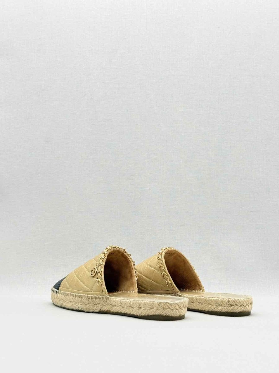 Pre - loved CHANEL Espadrille Gold & Black Cap Toe Size EU 38 Mules at Reems Closet