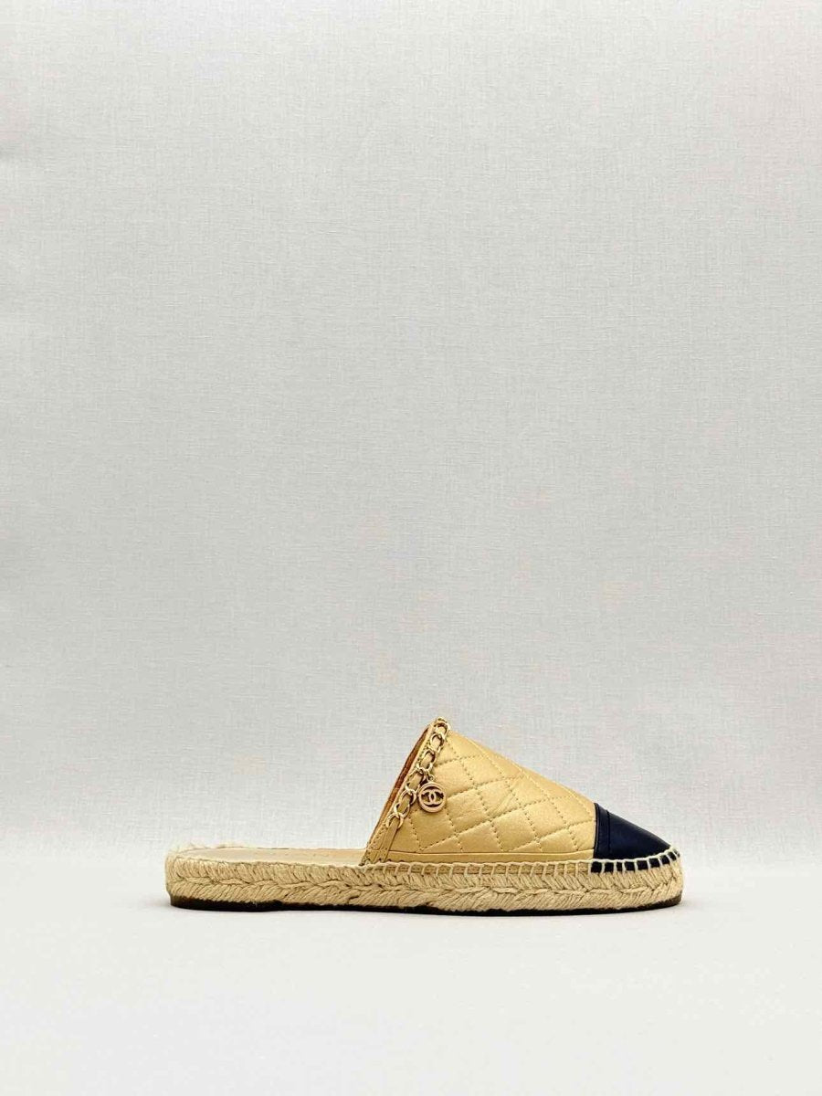 Pre - loved CHANEL Espadrille Gold & Black Cap Toe Size EU 38 Mules at Reems Closet