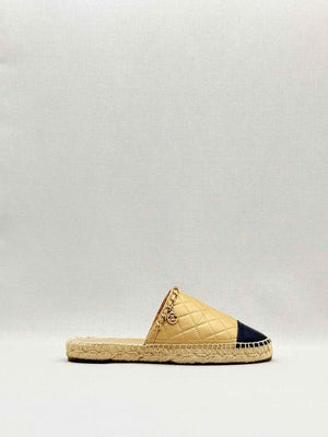 Pre - loved CHANEL Espadrille Gold & Black Cap Toe Size EU 38 Mules at Reems Closet