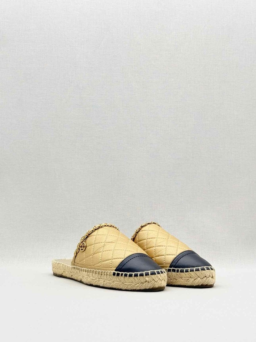 Pre - loved CHANEL Espadrille Gold & Black Cap Toe Size EU 38 Mules at Reems Closet