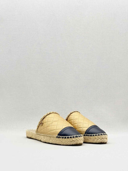 Pre - loved CHANEL Espadrille Gold & Black Cap Toe Size EU 38 Mules at Reems Closet