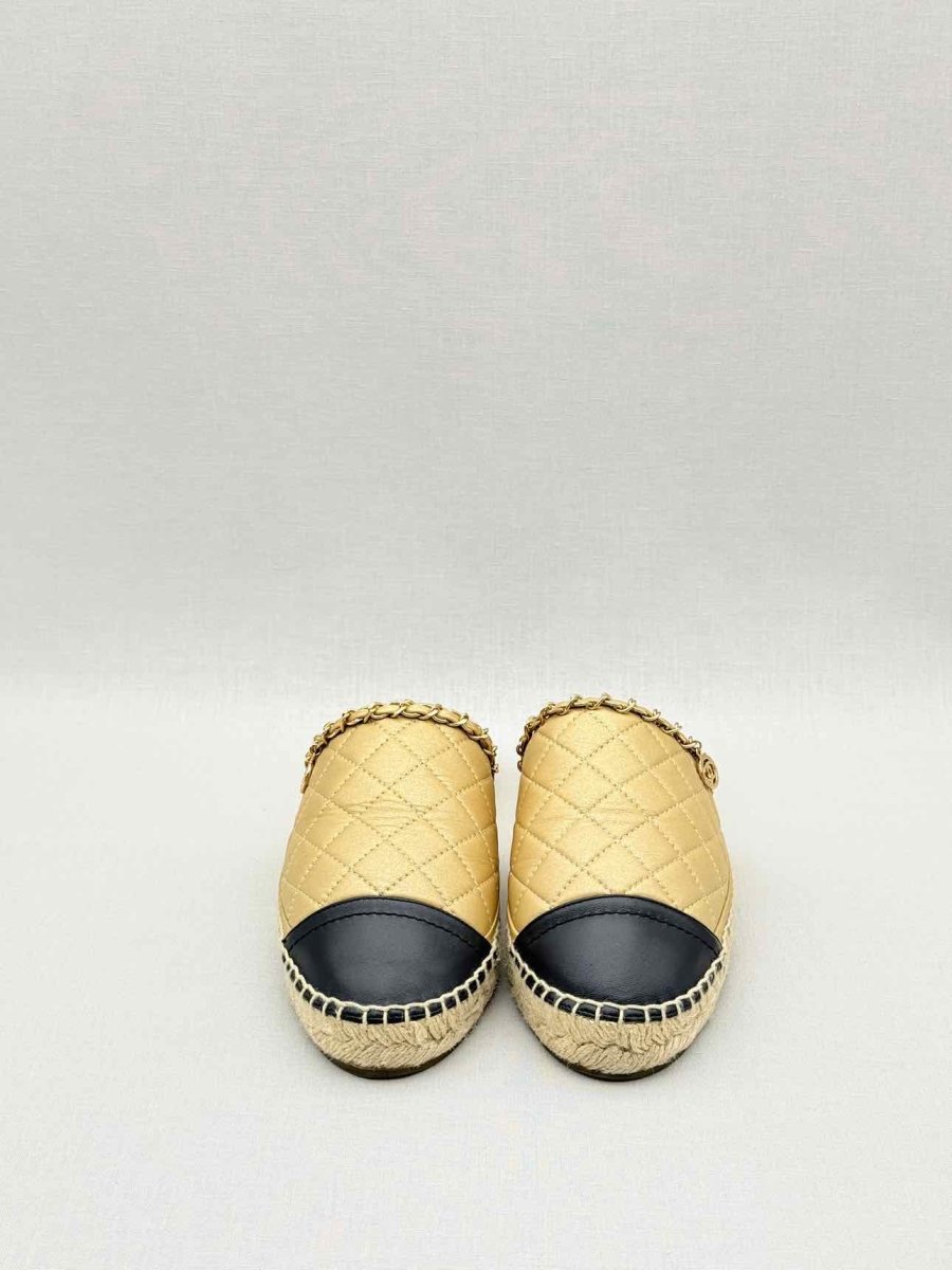 Pre - loved CHANEL Espadrille Gold & Black Cap Toe Size EU 38 Mules at Reems Closet