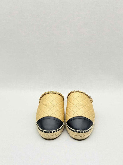 Pre - loved CHANEL Espadrille Gold & Black Cap Toe Size EU 38 Mules at Reems Closet