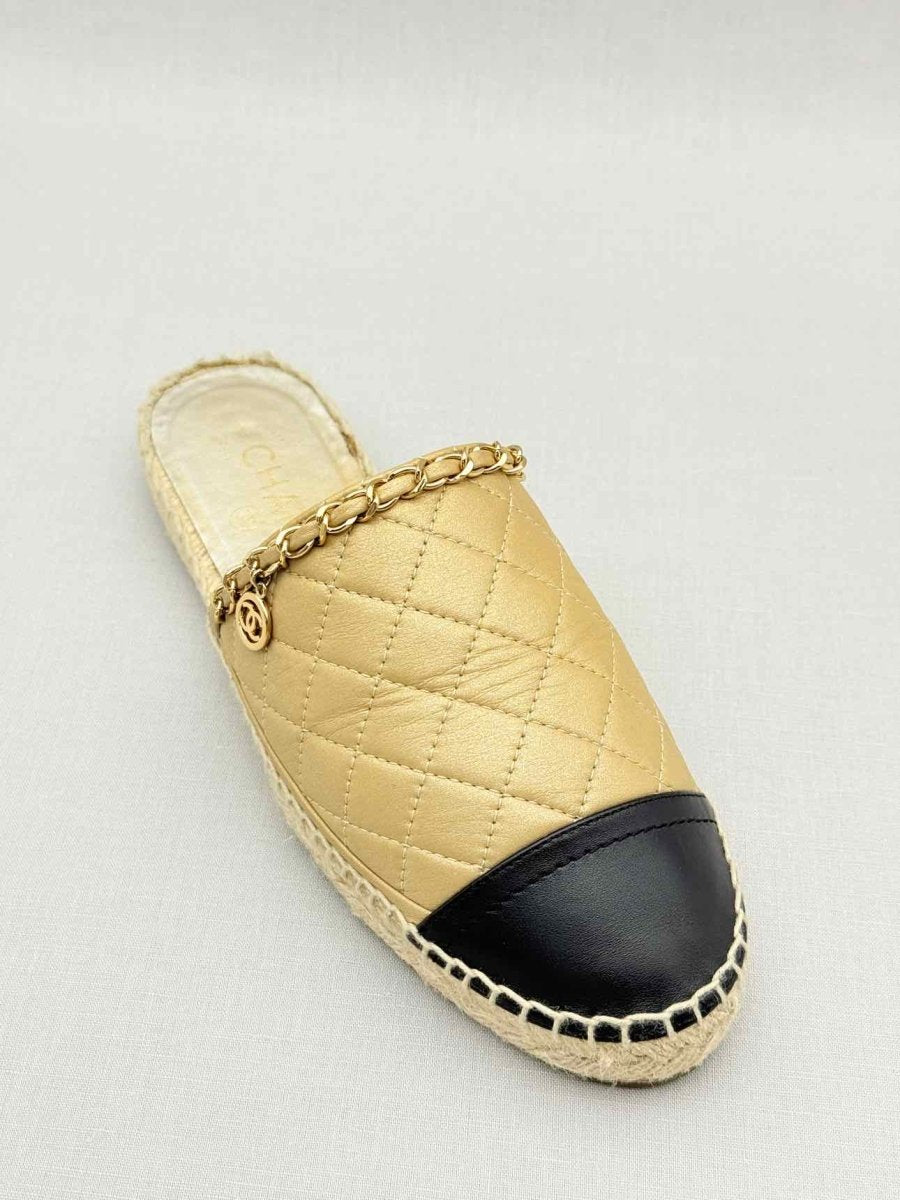 Pre - loved CHANEL Espadrille Gold & Black Cap Toe Size EU 38 Mules at Reems Closet