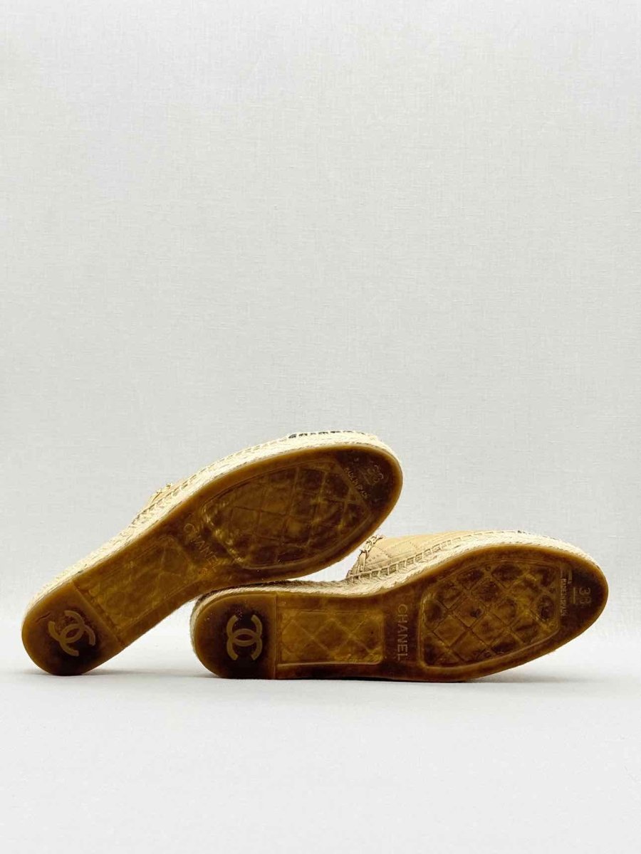 Pre - loved CHANEL Espadrille Gold & Black Cap Toe Size EU 38 Mules at Reems Closet