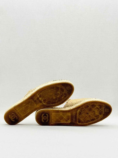 Pre - loved CHANEL Espadrille Gold & Black Cap Toe Size EU 38 Mules at Reems Closet