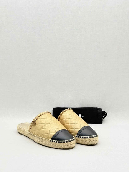 Pre - loved CHANEL Espadrille Gold & Black Cap Toe Size EU 38 Mules at Reems Closet