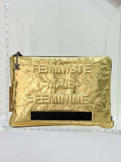 Pre - loved CHANEL Feministe Mais Feminine Gold Clutch at Reems Closet