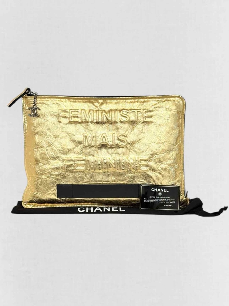 Pre - loved CHANEL Feministe Mais Feminine Gold Clutch at Reems Closet