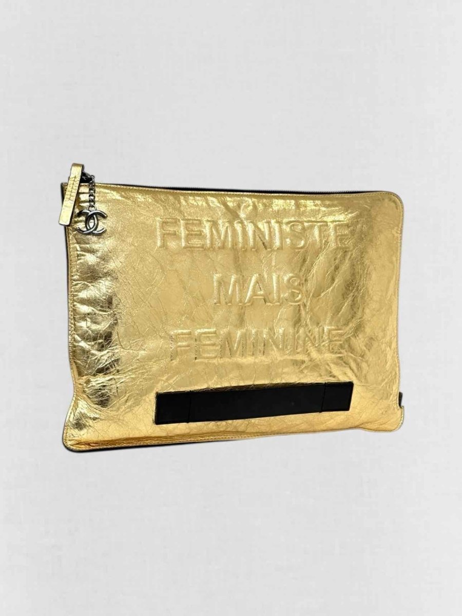 Pre - loved CHANEL Feministe Mais Feminine Gold Clutch at Reems Closet