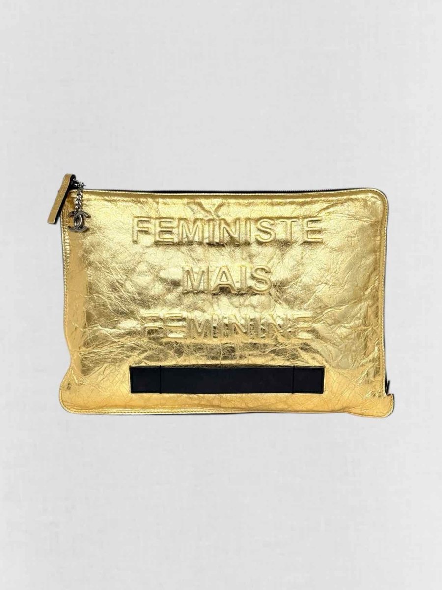 Pre - loved CHANEL Feministe Mais Feminine Gold Clutch at Reems Closet