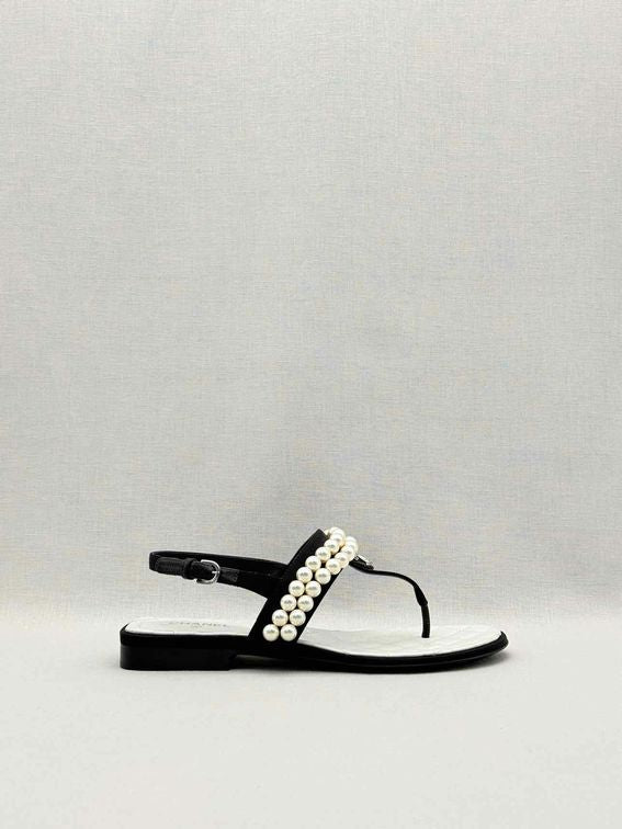 Pre-loved CHANEL Grosgrain Black Pearl Size EU 37.5 Sandals at Reems Closet