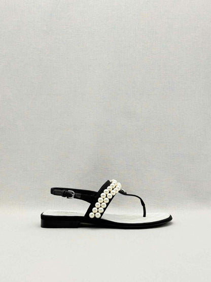 Pre-loved CHANEL Grosgrain Black Pearl Size EU 37.5 Sandals at Reems Closet