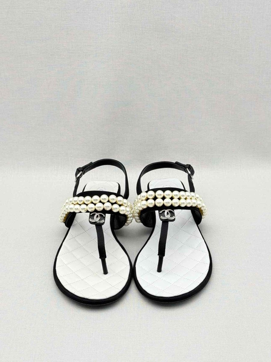 Pre-loved CHANEL Grosgrain Black Pearl Size EU 37.5 Sandals at Reems Closet