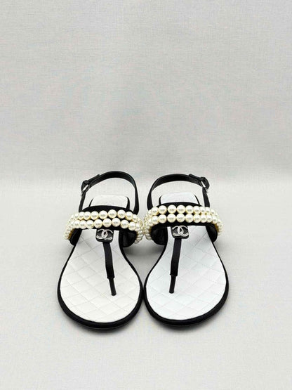 Pre-loved CHANEL Grosgrain Black Pearl Size EU 37.5 Sandals at Reems Closet