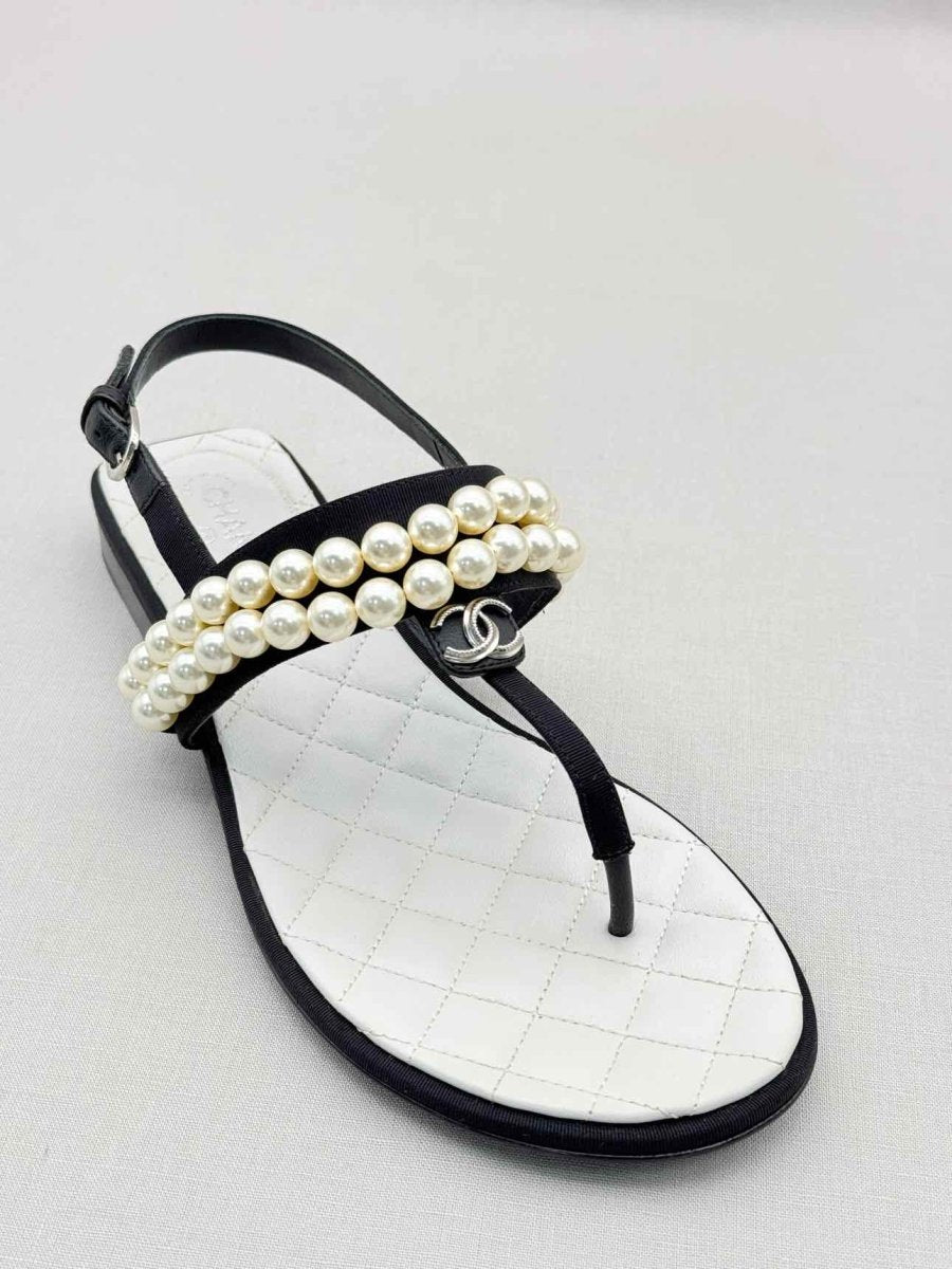 Pre-loved CHANEL Grosgrain Black Pearl Size EU 37.5 Sandals at Reems Closet