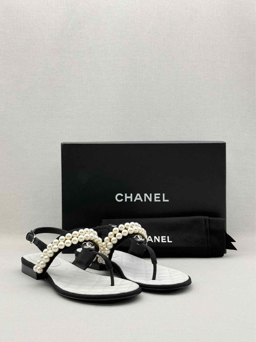 Pre-loved CHANEL Grosgrain Black Pearl Size EU 37.5 Sandals at Reems Closet