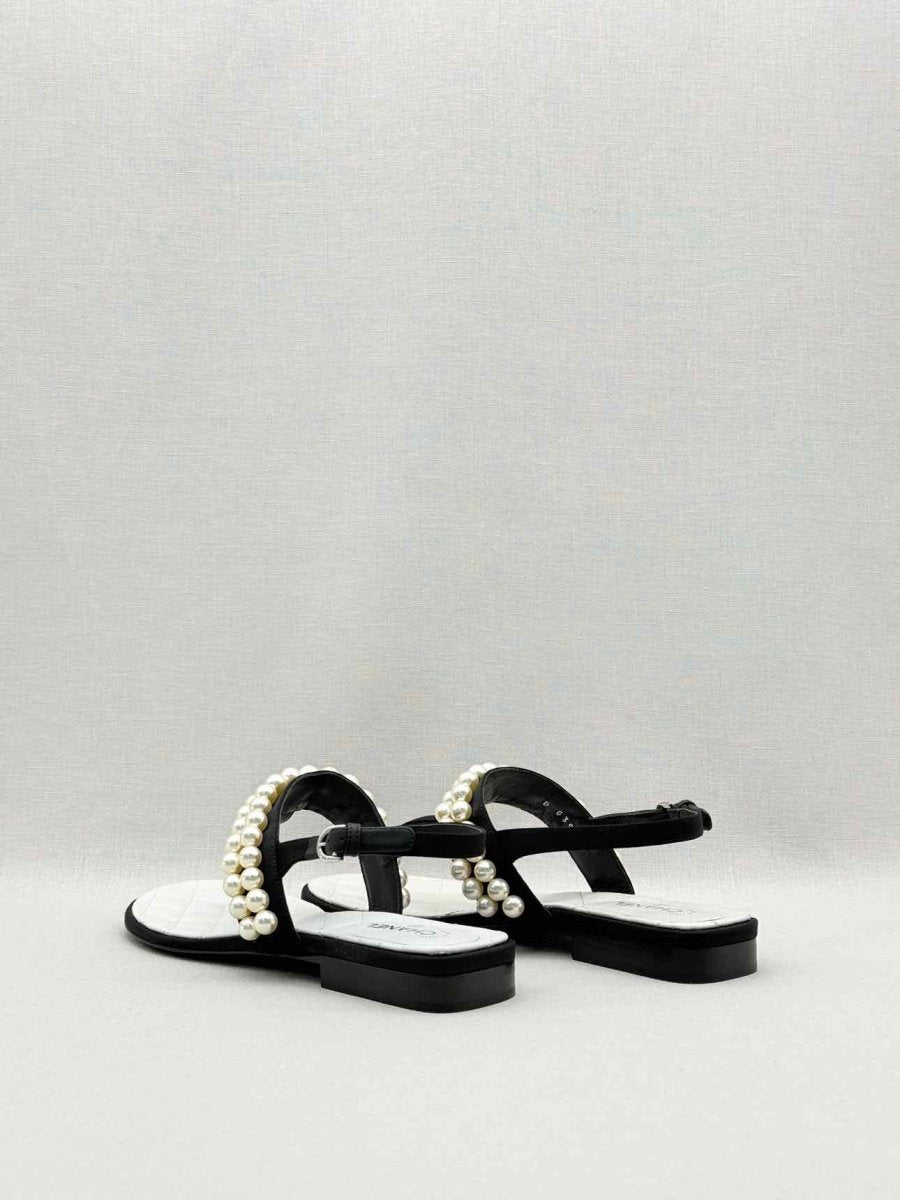 Pre-loved CHANEL Grosgrain Black Pearl Size EU 37.5 Sandals at Reems Closet