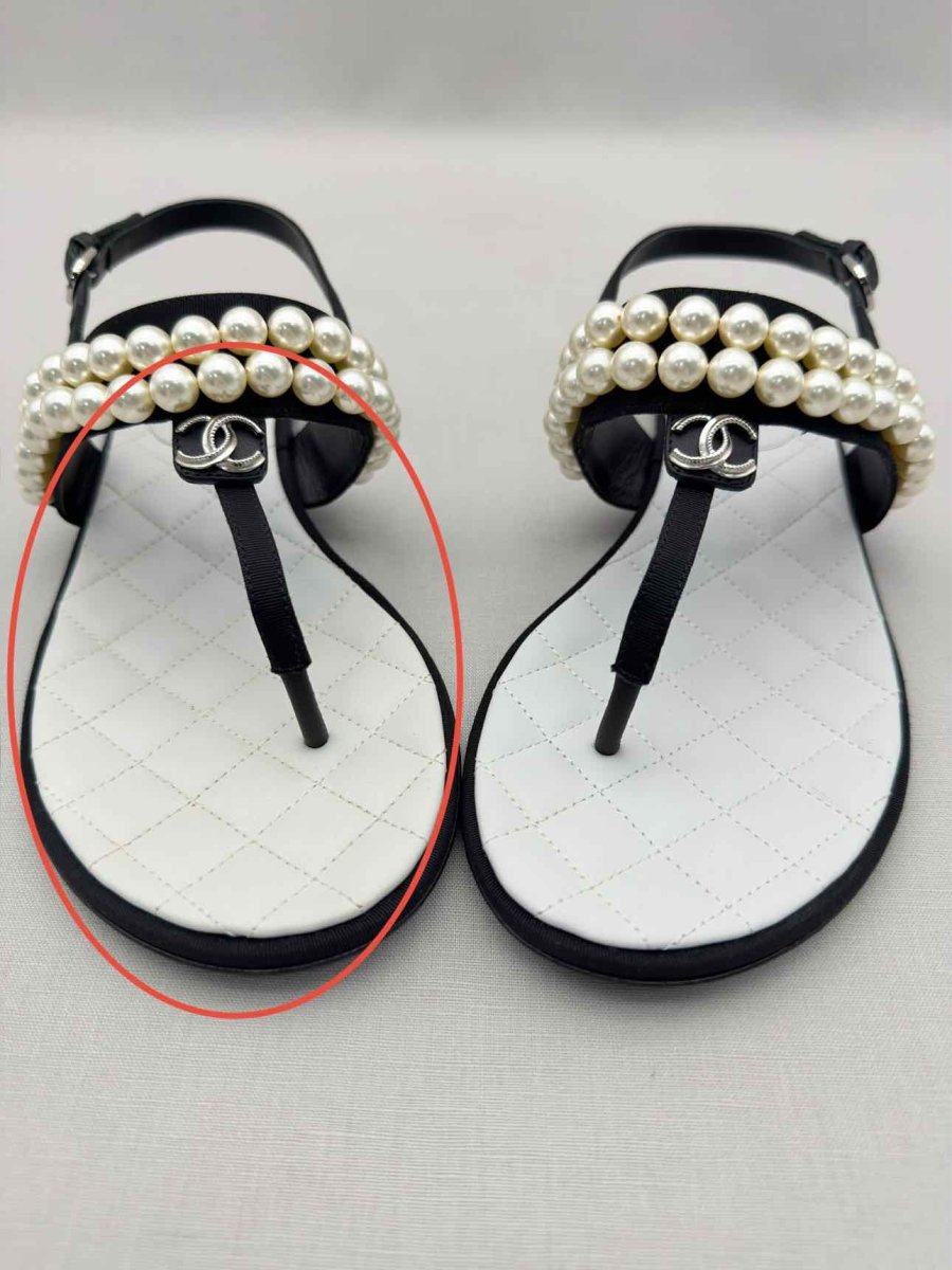 Pre-loved CHANEL Grosgrain Black Pearl Size EU 37.5 Sandals at Reems Closet