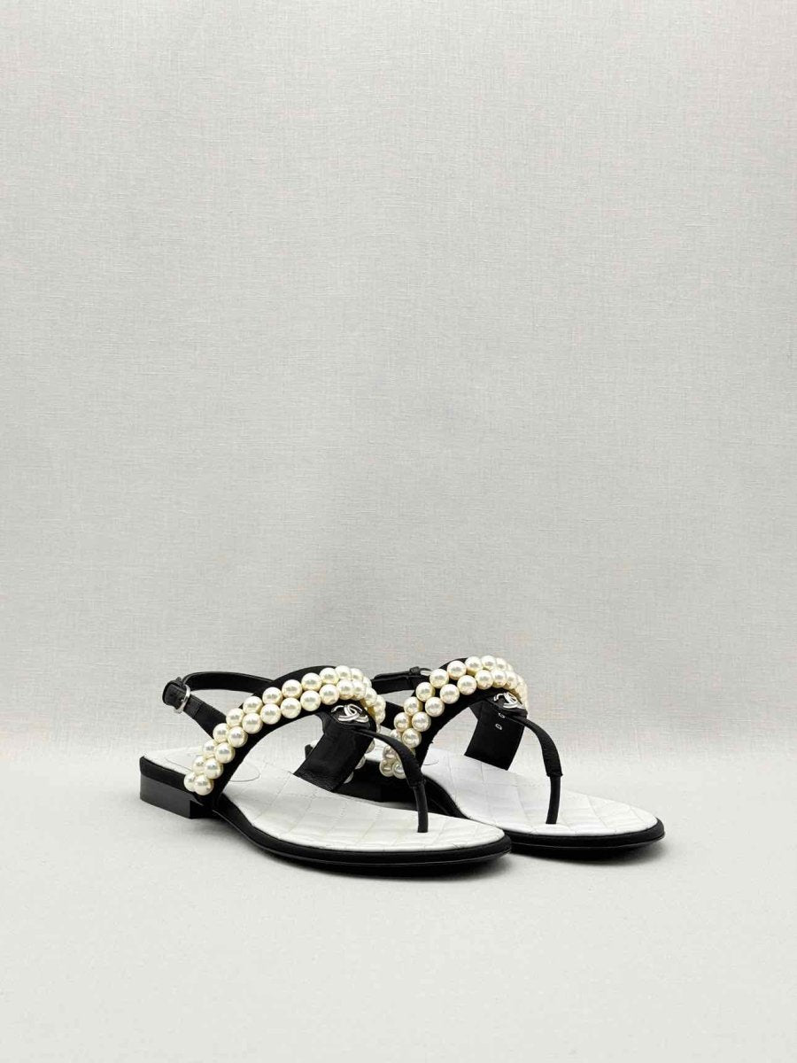 Pre-loved CHANEL Grosgrain Black Pearl Size EU 37.5 Sandals at Reems Closet