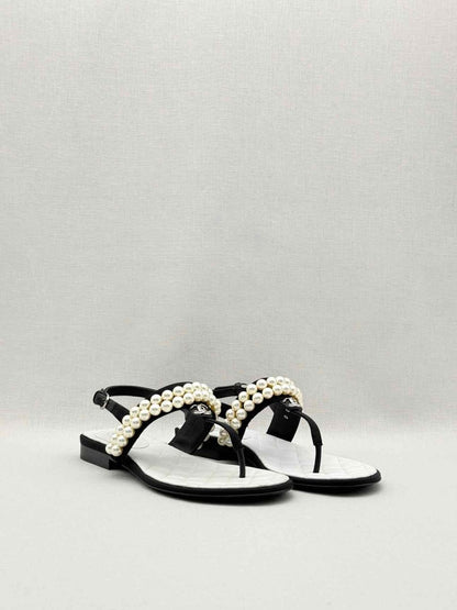 Pre-loved CHANEL Grosgrain Black Pearl Size EU 37.5 Sandals at Reems Closet