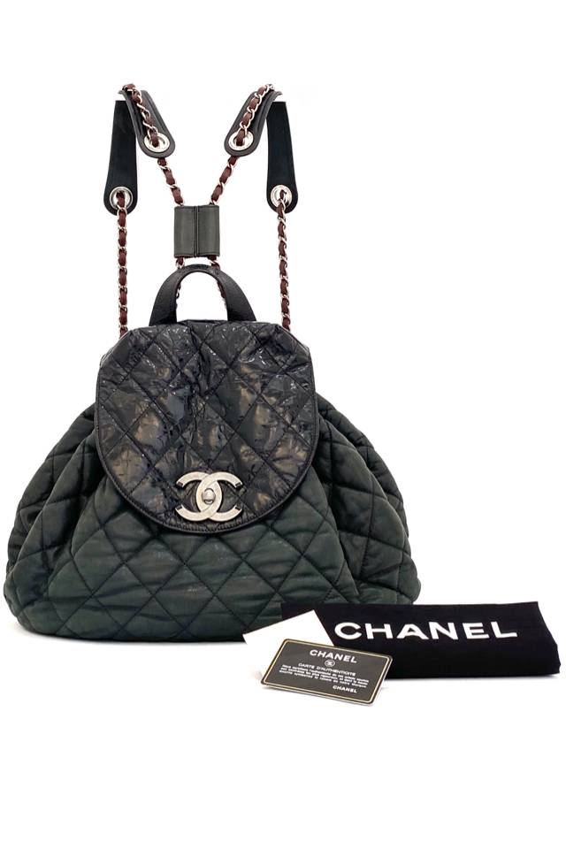 Pre - loved CHANEL Khaki & Black Backpack at Reems Closet