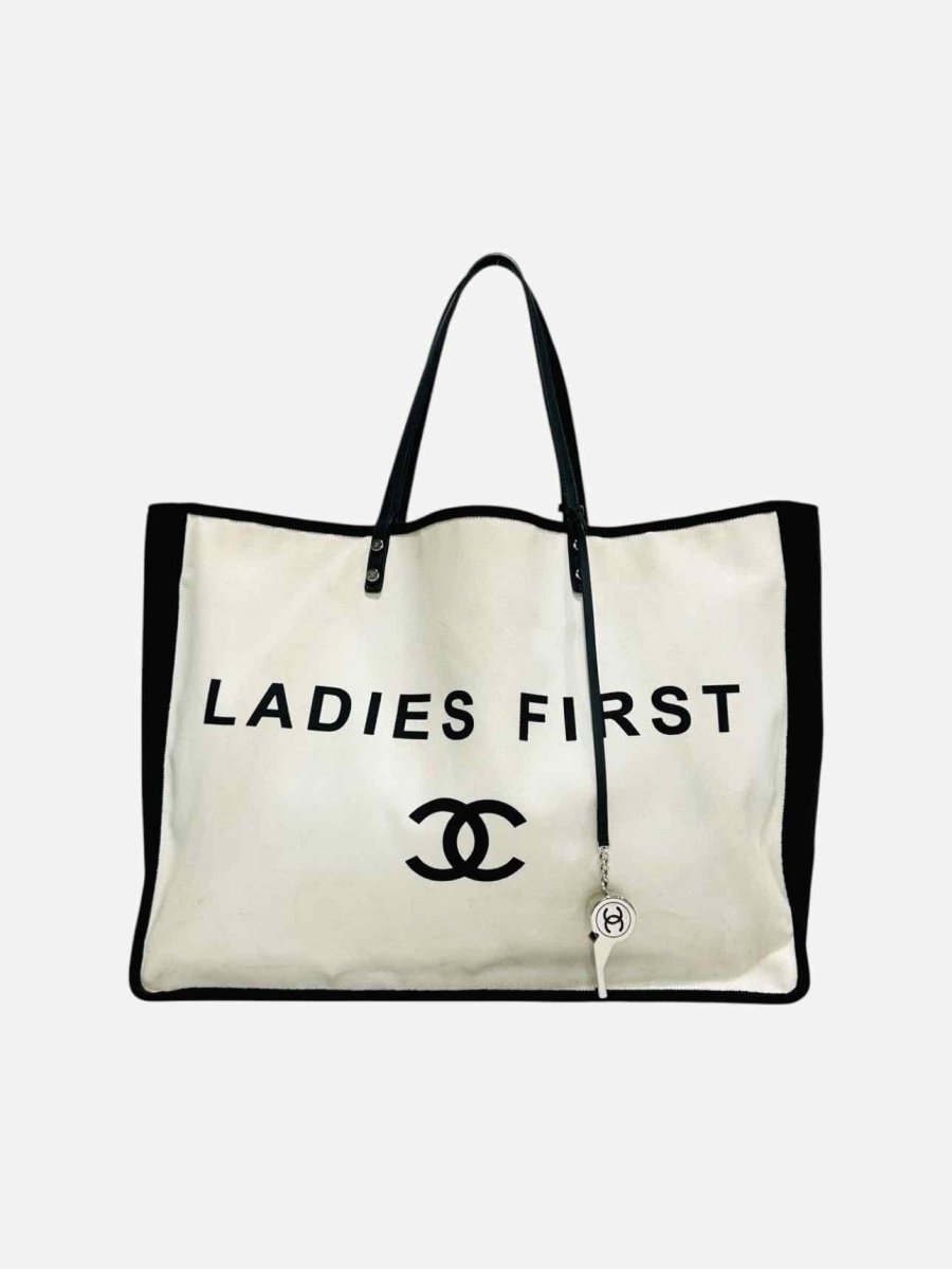 Pre - loved CHANEL Ladies First White & Black Tote Bag at Reems Closet