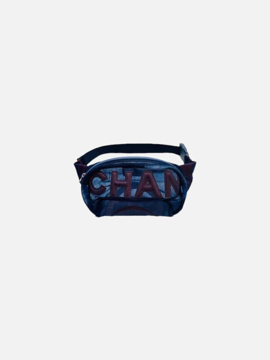 Pre - loved CHANEL Logo Blue Mesh Belt Bag at Reems Closet