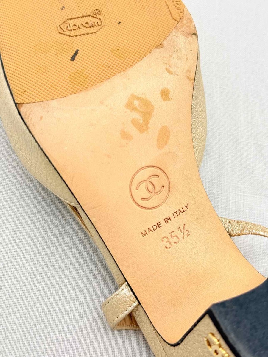 Pre - loved CHANEL Metallic Gold & Black Size EU 35.5 Slingbacks at Reems Closet