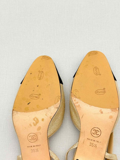 Pre - loved CHANEL Metallic Gold & Black Size EU 35.5 Slingbacks at Reems Closet