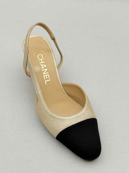 Pre - loved CHANEL Metallic Gold & Black Size EU 35.5 Slingbacks at Reems Closet
