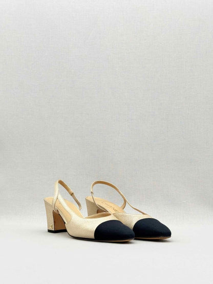 Pre - loved CHANEL Metallic Gold & Black Size EU 35.5 Slingbacks at Reems Closet